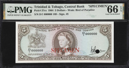 TRINIDAD & TOBAGO. Central Bank of Trinidad and Tobago. 5 Dollars, 1964. P-27cs. Specimen. PMG Gem Uncirculated 66 EPQ.
Red specimen overprints, hole...