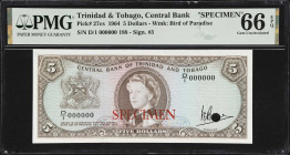 TRINIDAD & TOBAGO. Central Bank of Trinidad and Tobago. 5 Dollars, 1964. P-27cs. Specimen. PMG Gem Uncirculated 66 EPQ.

Estimate: $200.00- $400.00