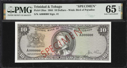 TRINIDAD & TOBAGO. Central Bank of Trinidad and Tobago. 10 Dollars, 1964. P-28as. Specimen. PMG Gem Uncirculated 65 EPQ.

Estimate: $200.00- $400.00