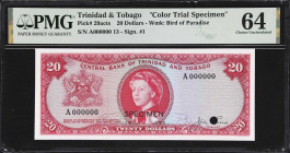 TRINIDAD & TOBAGO. Central Bank of Trinidad and Tobago. 20 Dollars, 1964. P-29acts. Color Trial Specimen. PMG Choice Uncirculated 64.
Red on multicol...