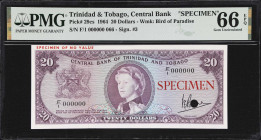 TRINIDAD & TOBAGO. Central Bank of Trinidad and Tobago. 20 Dollars, 1964. P-29cs. Specimen. PMG Gem Uncirculated 66 EPQ.

Estimate: $200.00- $400.00