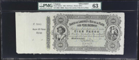 URUGUAY. Banco de Londres y Rio de la Plata. 100 Pesos, 23.6.1862. P-S235Cs. Specimen. PMG Choice Uncirculated 63.
PMG Comments "Body of Note Unaffec...