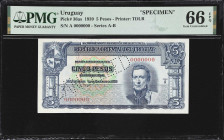 URUGUAY. Departamento de Emision del Banco de la Republica Oriental del Uruguay. 5 Pesos, 2.1.1939. P-36as. Specimen. PMG Gem Uncirculated 66 EPQ.
Ti...