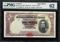 URUGUAY. Departamento de Emision del Banco de la Republica Oriental del Uruguay. 1000 Pesos, 2.1.1939. P-41as. Specimen. PMG Uncirculated 62.
PMG Com...