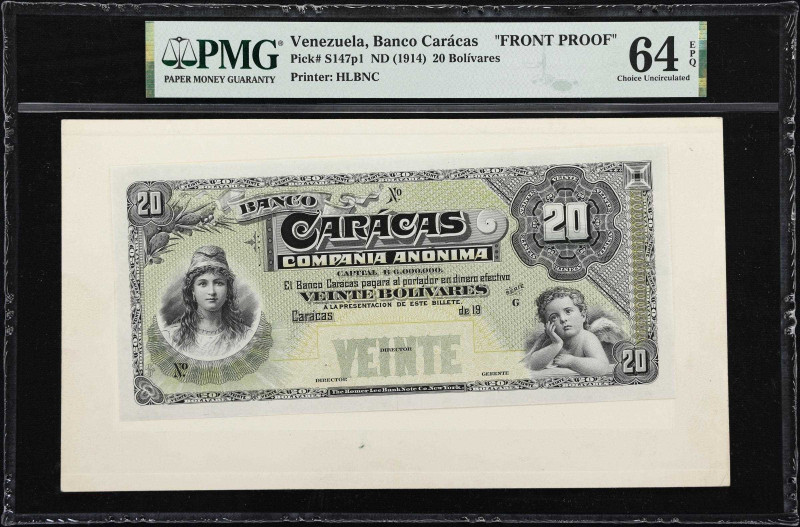 VENEZUELA. Banco Caracas. 20 Bolivares, ND (1914). P-S147p1. Front Proof. PMG Ch...