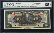 VENEZUELA. Banco Comercial de Maracaibo. 10 Bolivares, ND (1921-22). P-S173s. Specimen. PMG Gem Uncirculated 65 EPQ.
Printed by ABNC showing specimen...