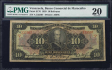 VENEZUELA. Banco Comercial de Maracaibo. 10 Bolivares, 9.3.1929. P-S176. PMG Very Fine 20.
Printed by ABNC. Colorful guilloche design surrounding a v...