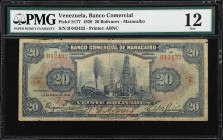 VENEZUELA. Banco Comercial de Maracaibo. 20 Bolivares, 3.3.1929. P-S177. PMG Fine 12.
Printed by ABNC. Oil derricks at center on the obverse with cou...