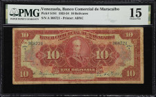 VENEZUELA. Banco Comercial de Maracaibo. 10 Bolivares, 1933-34. P-S181. PMG Choice Fine 15.
Printed by ABNC. Vignette of General Rafael Urdaneta at c...