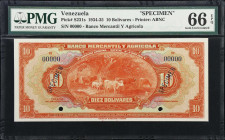 VENEZUELA. Banco Mercantil y Agricola. 10 Bolivares, ND (1934-35). P-S231s. Specimen. PMG Gem Uncirculated 66 EPQ.
From the Arauca Collection.

Est...