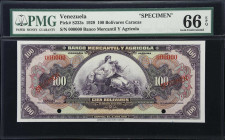 VENEZUELA. Banco Mercantil y Agricola. 100 Bolivares, ND (1929). P-S233s. Specimen. PMG Gem Uncirculated 66 EPQ.
ABNC printed specimen with red speci...