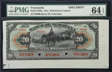 VENEZUELA. Banco de Venezuela. 20 Bolivares, 19xx. P-S286s. Specimen. PMG Choice Uncirculated 64 EPQ.
ABNC printed specimen with red specimen overpri...