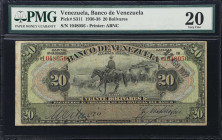 VENEZUELA. Banco de Venezuela. 20 Bolivares, 27.8.1937. P-S311. PMG Very Fine 20.
From the Arauca Collection.

Estimate: $400.00- $800.00