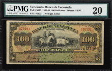 VENEZUELA. Banco de Venezuela. 100 Bolivares, 14.9.1936. P-S313. PMG Very Fine 20.
Green and orange obverse with gauchos driving cattle at center, co...