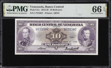 VENEZUELA. Lot of (3). Banco Central de Venezuela. 10 Bolivares, 17.4.1958. P-31c. PMG Choice Uncirculated 64 & Gem Uncirculated 66 EPQ.
Serial numbe...