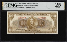 VENEZUELA. Banco Central de Venezuela. 100 Bolivares, 5.3.1941. P-34a. PMG Very Fine 25.
Colorful guilloche designs on the obverse with a vignette of...