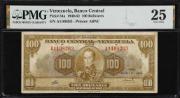 VENEZUELA. Banco Central de Venezuela. 100 Bolivares, 2.7.1943. P-34a. PMG Very Fine 25.
ABNC printed 100 Bolivares banknote with Simon Bolivar on th...