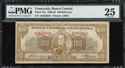 VENEZUELA. Banco Central de Venezuela. 100 Bolivares, 16.10.1947. P-34a. PMG Very Fine 25.
Printed by ABNC. Simon Bolivar on the obverse flanked by c...