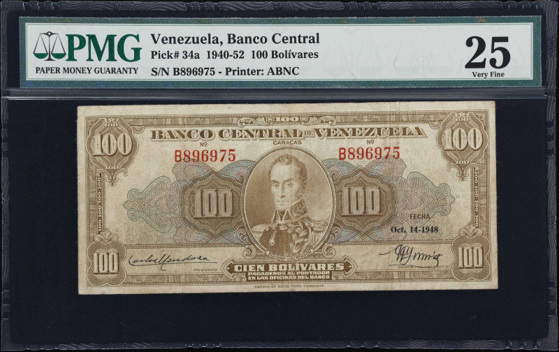 VENEZUELA. Banco Central de Venezuela. 100 Bolivares, 14.10.1948. P-34a. PMG Ver...