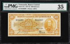 VENEZUELA. Banco Central de Venezuela. 500 Bolivares, 4.9.1947. P-37a. PMG Choice Very Fine 35.
From the Arauca Collection.

Estimate: $100.00- $20...