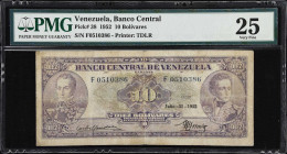 VENEZUELA. Banco Central de Venezuela. 10 Bolivares, 31.7.1952. P-38. PMG Very Fine 25.
Printed by TDLR. Simon Bolivar at left and Antonio Jose de Su...