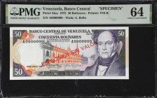 VENEZUELA. Banco Central de Venezuela. 50 Bolivares, 21.11.1972. P-54as. Specimen. PMG Choice Uncirculated 64.
PMG Comments "Staple Holes."

Estima...