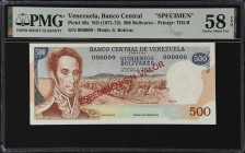 VENEZUELA. Banco Central de Venezuela. 500 Bolivares, ND (1971-72). P-56s. Specimen. PMG Choice About Uncirculated 58 EPQ.
Specimen example printed b...