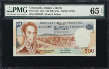 VENEZUELA. Banco Central de Venezuela. 500 Bolivares, 11.1.1972. P-56b. PMG Gem Uncirculated 65 EPQ.
Printed by TDLR featuring Simon Bolivar on the f...