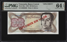 VENEZUELA. Banco Central de Venezuela. 100 Bolivares, 8.12.1992. P-66es. Specimen. PMG Choice Uncirculated 64 EPQ.

Estimate: $40.00- $80.00