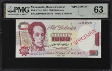 VENEZUELA. Banco Central de Venezuela. 1000 Bolivares, 8.8.1991. P-73s1. Specimen. PMG Choice Uncirculated 63.
PMG comments "Minor Stains."

Estima...