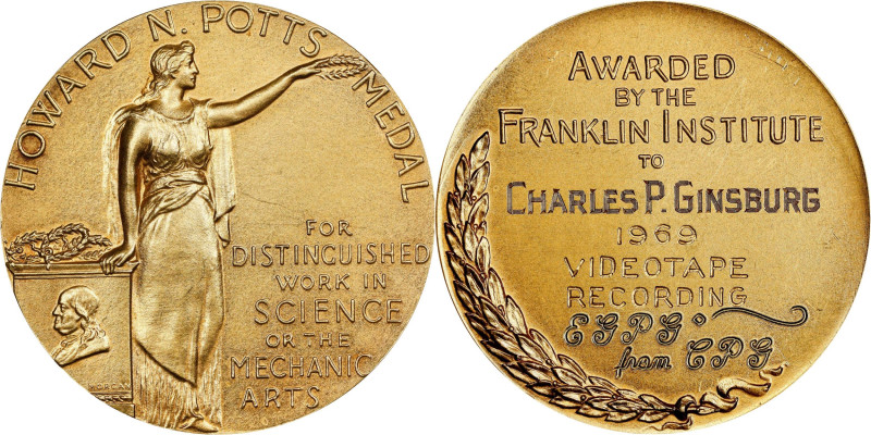 1969 Franklin Institute Howard N. Potts Award Medal. Gold. Mint State.
36.5 mm....