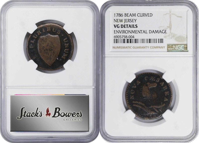 Lot of (2) 1786 New Jersey Coppers. (NGC).
Included are: Maris 14-J, AG Details...