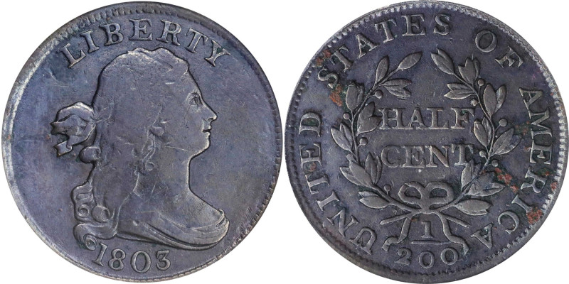 1803 Draped Bust Half Cent. C-1. Rarity-1. Fine-12 Details--Corroded, Scratched ...