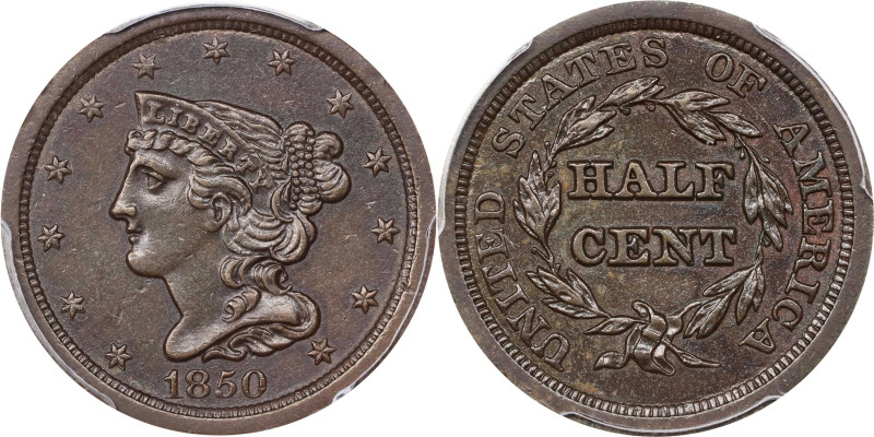 1850 Braided Hair Half Cent. C-1, the only known dies. Rarity-2. Unc Details--Cl...