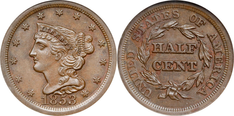 1853 Braided Hair Half Cent. C-1, the only known dies. Rarity-1. MS-62 BN (ANACS...