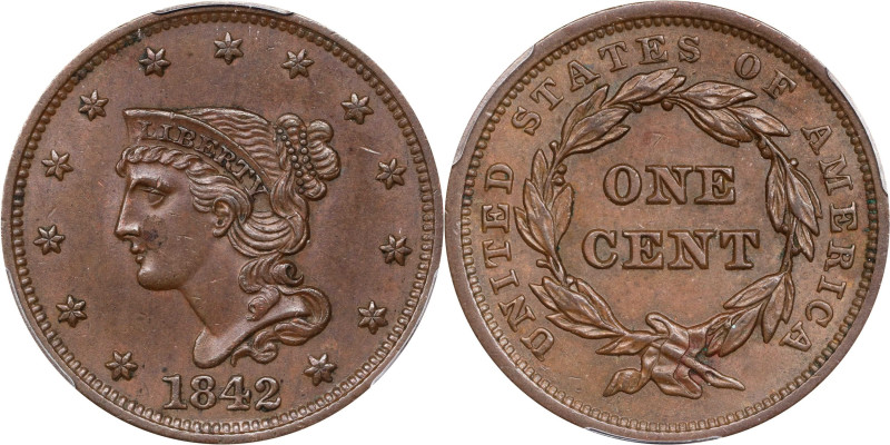 1842 Braided Hair Cent. N-8. Rarity-2. Large Date. MS-62 BN (PCGS).
PCGS# 1835....