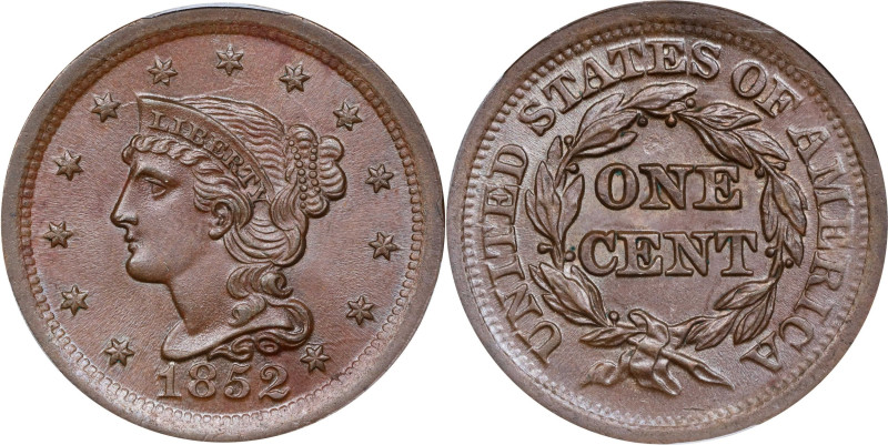 1852 Braided Hair Cent. N-1, 2. Rarity-1. MS-65 BN (PCGS). CAC.
PCGS# 1898. NGC...