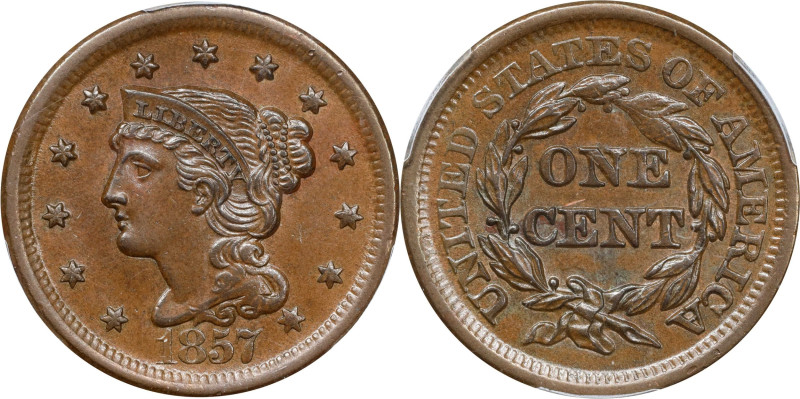 1857 Braided Hair Cent. N-1. Rarity-1. Large Date. AU-58 (PCGS).
PCGS# 1928. NG...