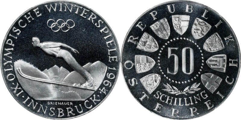 AUSTRIA. 50 Schilling, 1964. PCGS PROOF-68 Cameo.
KM-2896. Winter Olympics issu...