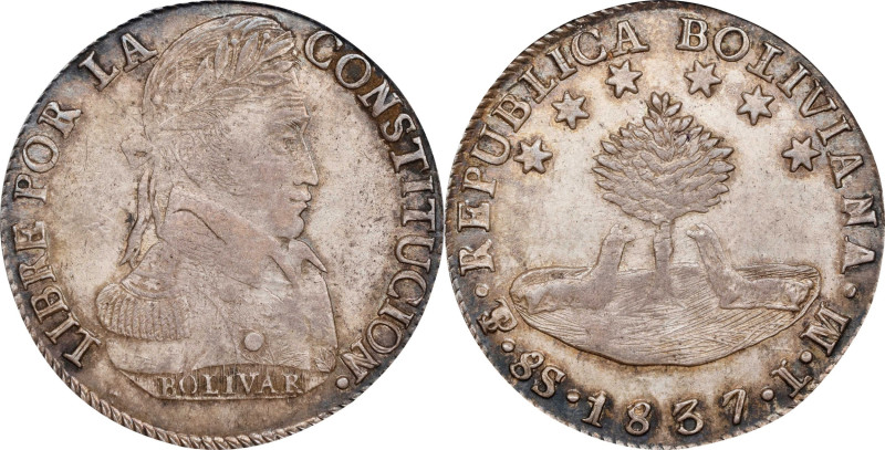 BOLIVIA. 8 Soles, 1837-PTS. Potosi Mint. PCGS AU-50.
KM-97.

Estimate: $60.00...