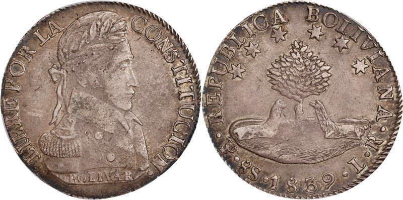 BOLIVIA. 8 Soles, 1839-PTS LR. Potosi Mint. PCGS AU-53.
KM-97.

Estimate: $10...