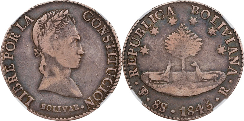 BOLIVIA. 8 Soles, 1845-PTS R. Potosi Mint. NGC VF-20.
KM-103.

Estimate: $20....