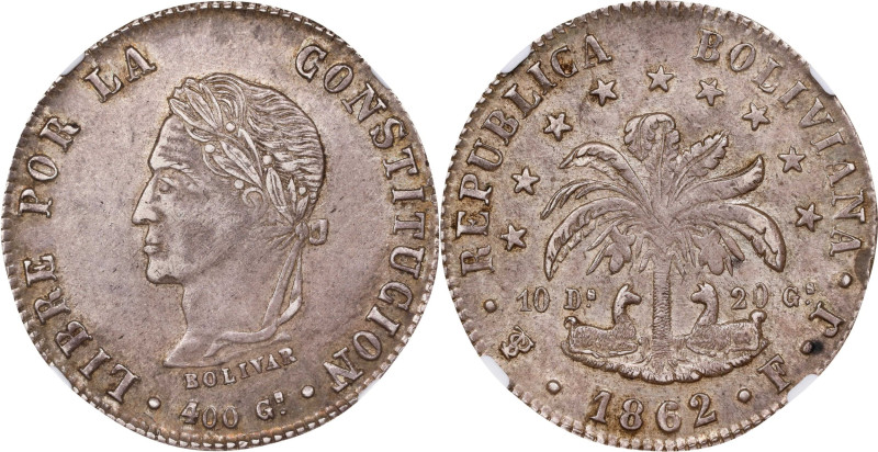 BOLIVIA. 8 Soles, 1862-PTS FJ. Potosi Mint. NGC AU-53.
KM-138.6.

Estimate: $...