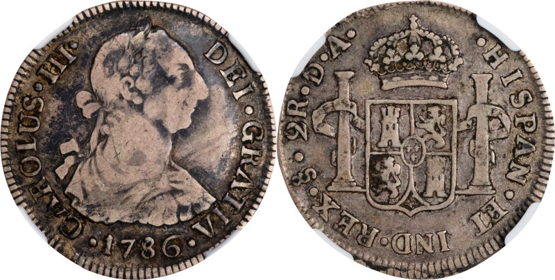 CHILE. 2 Reales, 1786-So DA. Santiago Mint. Charles III. NGC F-12.
KM-30.
NGC ...