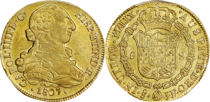 CHILE. 8 Escudos, 1807-So JF. Santiago Mint. Charles IV. PCGS Genuine--Cleaned, ...