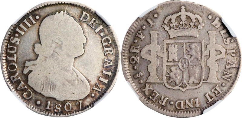 CHILE. 2 Reales, 1807-So FJ. Santiago Mint. Charles IV. NGC VG-8.
KM-59.
NGC V...