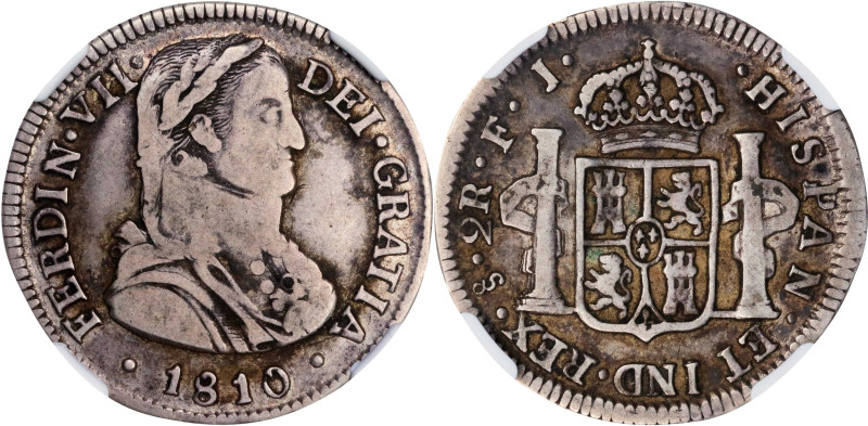 CHILE. 2 Reales, 1810-So FJ. Santiago Mint. Ferdinand VII. NGC F-15.
KM-74.
NG...