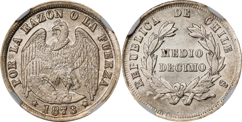 CHILE. 1/2 Decimo, 1873-So. Santiago Mint. NGC MS-63.
KM-137.2.

Estimate: $6...