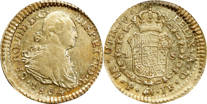 COLOMBIA. Escudo, 1804-P JF. Charles IV. Popayan Mint. PCGS AU-55.
Fr-59; KM-56...