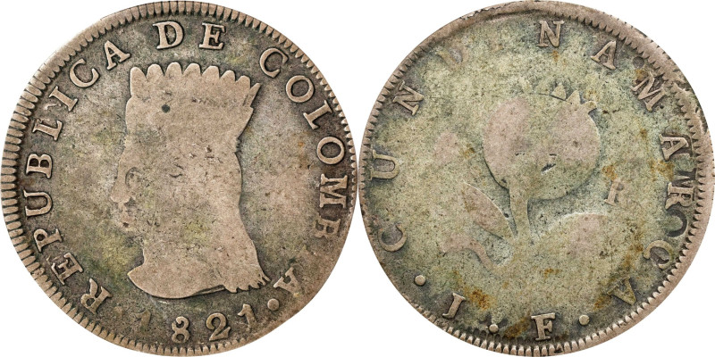 COLOMBIA. Cundinamarca. 8 Reales, 1821-JF. Bogota Mint. PCGS VG-8.
KM-C6; Restr...